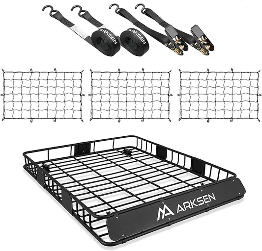 ARKSEN 84 x 50 x 6 Inch Universal Extra Wide 150LB Heavy Duty Roof Rack Cargo with 3 Nylon Cargo Nets, 2 Ratchet Straps, Car Top Luggage Holder Carrier Basket for SUV, Truck, & Car Steel Construction