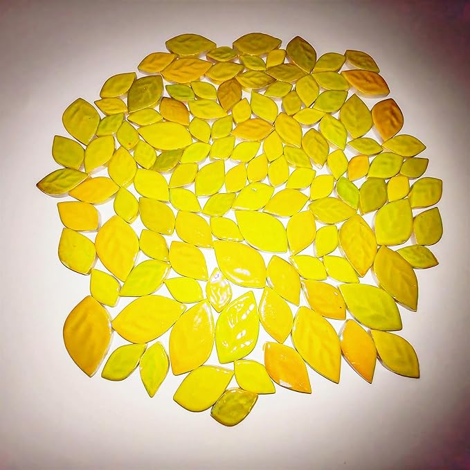 1.1LB Random Iridescent Leaves Ceramics Mosaic Tiles, Making Creative 3 Size Ceramic Mosaic Pieces for DIY Craft,Flowerpots, Vases, Cups, Garden Decor Mosaic Making Supplies (Yellow)