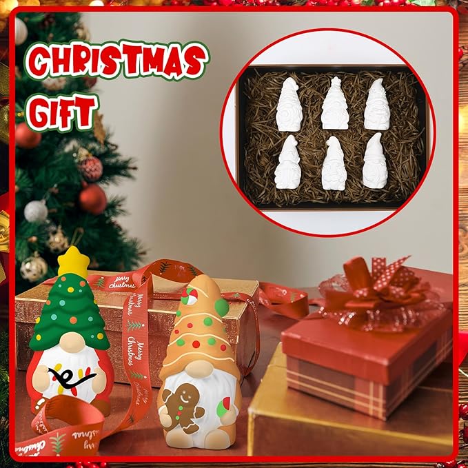 Eersida 6 Sets Christmas Gnome Ceramics to Paint Xmas Ready to Paint Your Own Ceramic Gnome Statues DIY Unpainted Ceramics Paintable Figurines Kit Crafts with Brush Palette