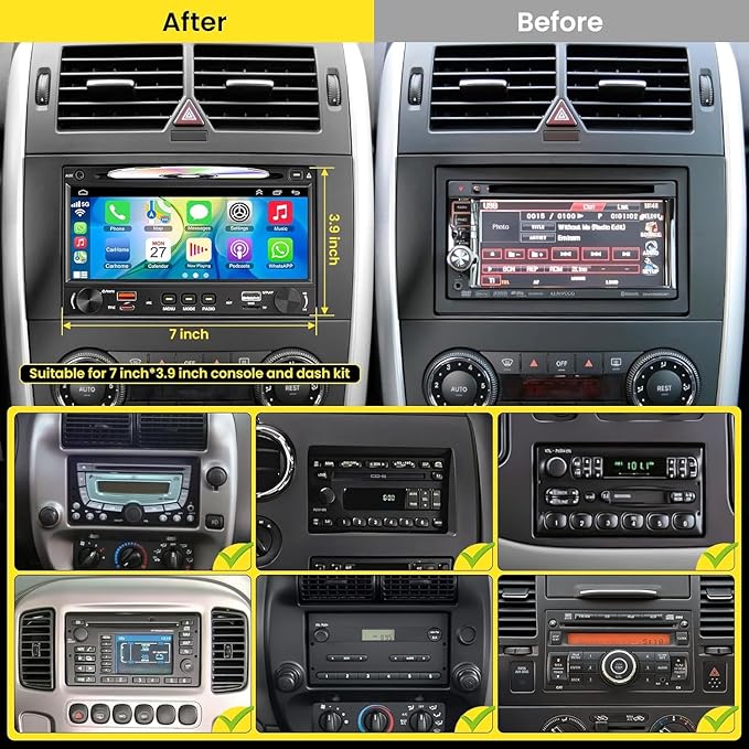 Wireless Double Din Car Stereo Radio with CD/DVD Player, Carplay & Android Auto, 7 inch Car Audio with HD Touchscreen, Bluetooth, Mirror Link, Backup Camera, SWC, FM/AM, USB/SD, A/V Input