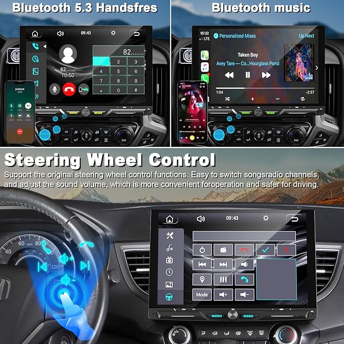 Wireless 10.1" Single Din Car Stereo CarPlay Radio, Carplay Android Auto Touch Screen, Bluetooth 5.3, Car Audio Receiver, 240W Subwoofer, Backup Camera, FM/AM SWC