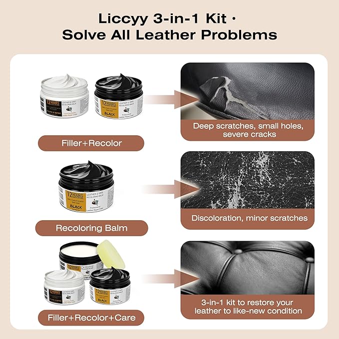 12H Quick-Dry Leather Repair Kit with 3.53Oz Black Leather Recoloring Balm, Filler & 4.23Oz Care Cream, 3-in-1 Vinyl Repair Set for Sofa, Car Seats, Jackets, Purses, Shoes, Faux Leather and More
