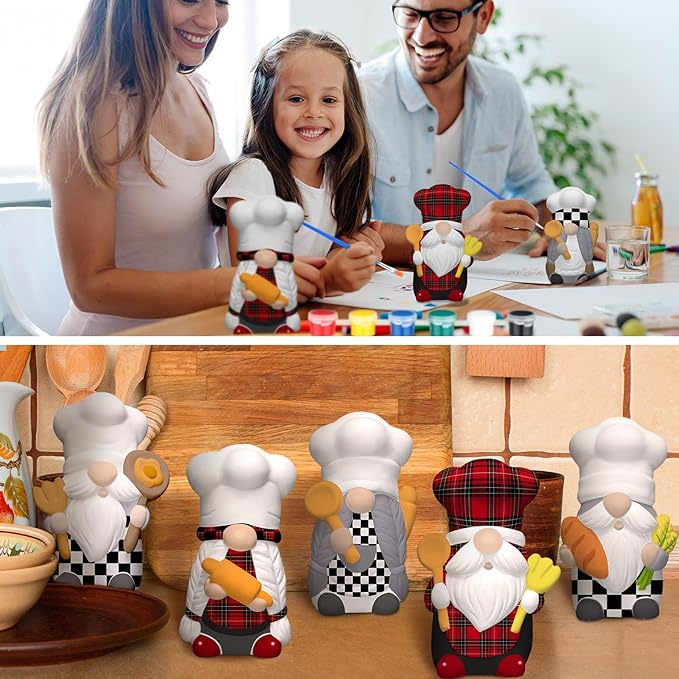 Seenelling 2 Pack Christmas Chef Gnome Ready to Paint Your Own Statues 4'' DIY Unpainted Ceramics Figurines Kit Blank Paintable Ceramics Classroom Art and Crafts Christmas Home Decorations