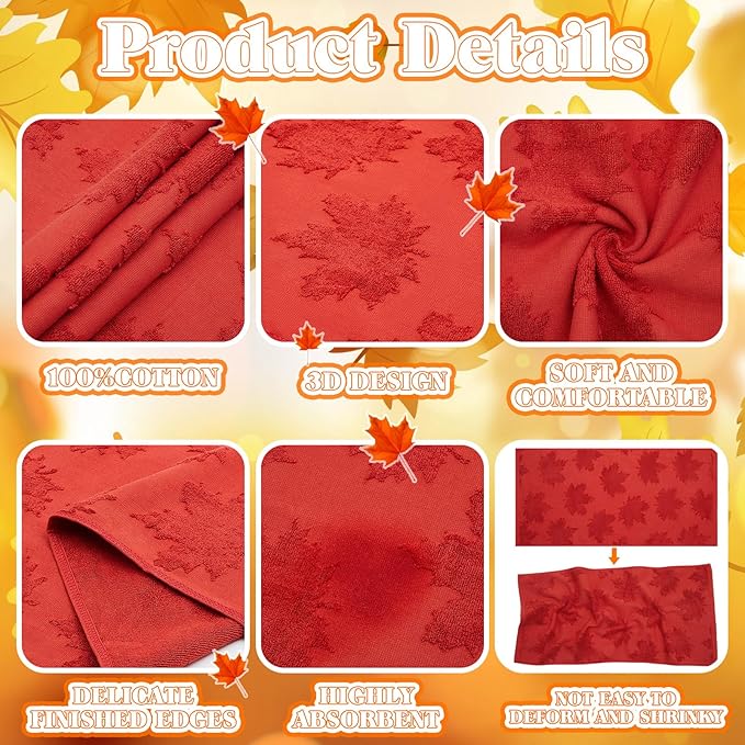 4 Pack 3D Fall Maple Leaf Hand Towel Cotton Autumn Thanksgiving Bathroom Towels Absorbent Jacquard Design Brown Crimson Kitchen Face Towels for Home Decor Cleaning Gift 14 x 30