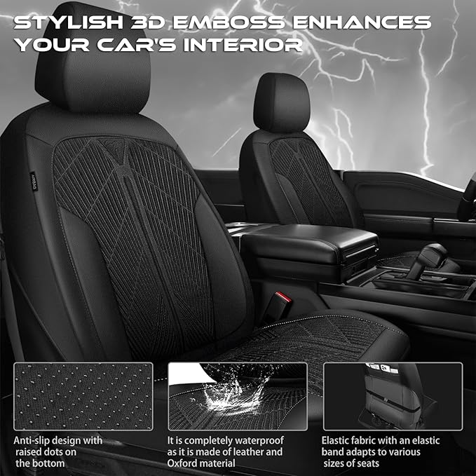 CAR PASS Oxford Leather Car Seat Covers Front 2 Only, Scratch Thick Seat Covers Waterproof, Universal Fit for Truck SUV Sedan, Durable All Weather, Emboss Black