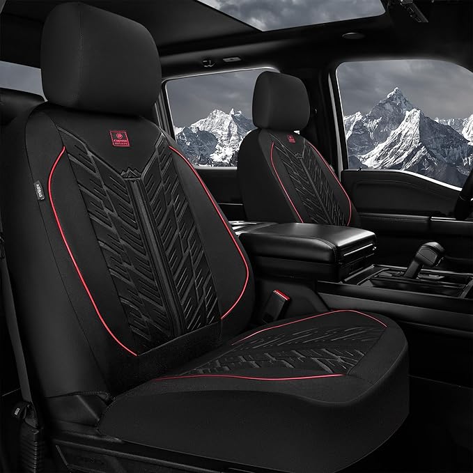 CAR PASS Waterproof Car Seat Covers Front Seats,Neoprene Seat Covers 3D Tyre Embossed,All-Weather Automotive Seat Cover Non-Slip Durable,Universal Fit for SUVs Cars Trucks, Airbag Compatible,Black Red