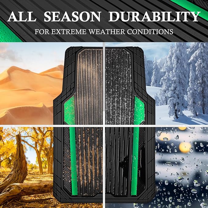 CAR PASS Heavy Duty Rubber Car Mats Metallic,Aluminum Film All Weather Floor Mats Waterproof Universal Trim to Fit SUVs Sedans Vans 4 Piece Anodized Deep Dish Two-Tone Sporty Black Green Chrome
