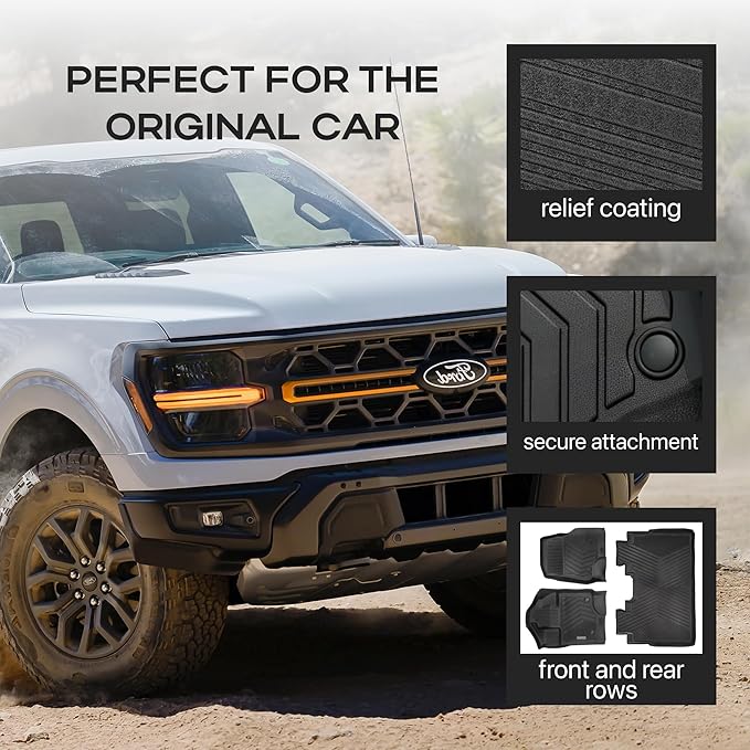 Compatible with Ford F-150 2015-2024 2025 – All-Weather Custom Fit Floor Mats, Heavy Duty TPE Car Mats Full Set for SuperCrew Cab