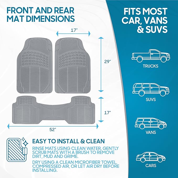 BDK Original ProLiner 3 Piece Heavy Duty Front & Rear Rubber Floor Mats for Car SUV Van & Truck, Gray - All Weather Floor Protection with Universal Fit Design