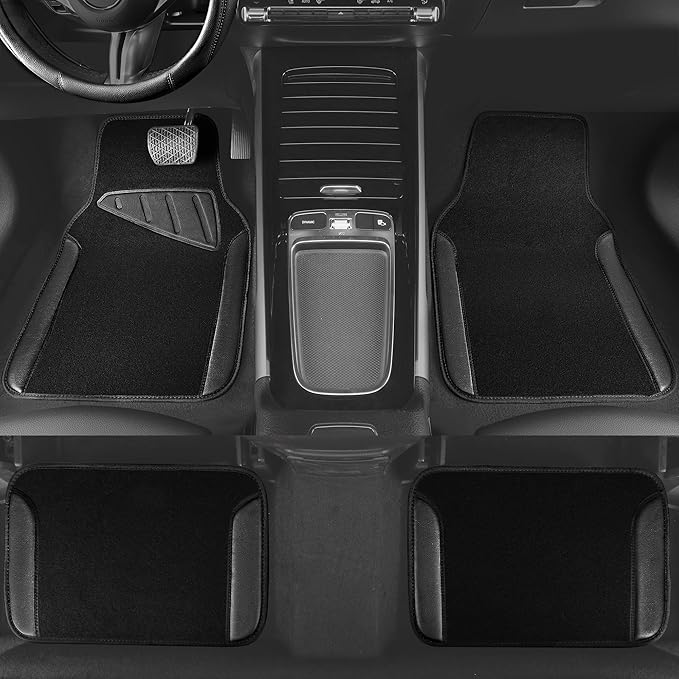 CAR PASS Microfiber Leather Steering Wheel Cover and Waterproof Car Floor Mats,Universal Car Combo Fit for 95% Sedan,SUV,Cars,14.5-15inch Anti-Slip Safety Comfortable Faux Leather Design(Solid Black)