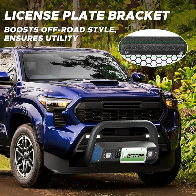 Bull Bar Fit for Toyota Tacoma 2024 2025 with LED Light & w/License Plate Bracket DIY Paintable Front Bumper Brush Push Bar Grille Guard Protector