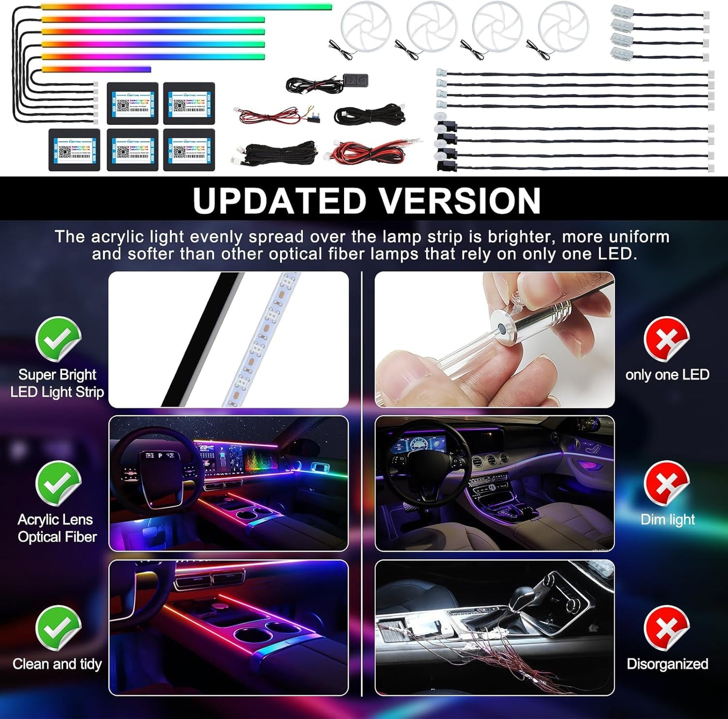 Dreamcolor Acrylic Interior Car LED Strip Light with Wireless APP, RGB 22 in 1 with 175 inches 600 LEDs Fiber Optic Car Ambient Lighting Kits, Dual Zone Sound Active Function LED Strip for Car