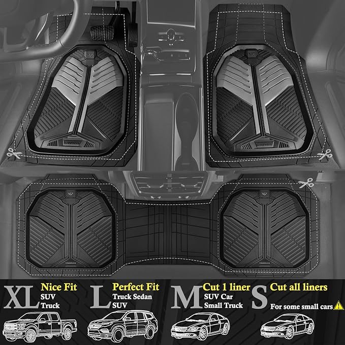 CAR PASS Heavy Duty Rubber Car Mats, Deep-Dish Car Floor Mats All Weather, Universal Two-Tone Trim-to-Fit for SUVs Trucks Sedans, Waterproof Anti-Slip, 3 Pieces V12 Black & Metallic Gray