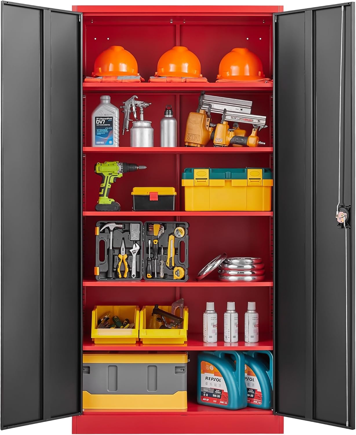 SISESOL Red Metal Storage Cabinet with Locking Doors and Shelves,Garage Storage Cabinet with Lock,Steel Locker,Lockable Cabinets for Home,Office,Shop,Garage Cabinets