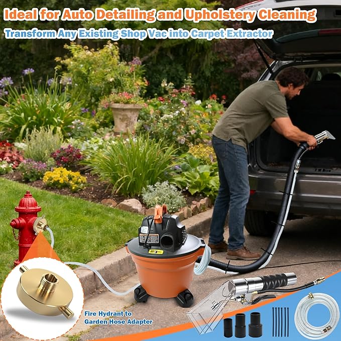 Happy Tree Universal Fit All Brands' Shop Vac Extractor Hose Kit Adapter Wet-dry Extraction Accessory for Upholstery & Carpet Cleaning Auto Detailing Wet Vaccum Accessories with 25 Feet Water Hose