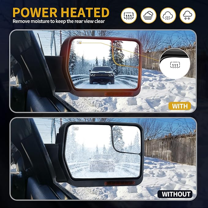 DWVO Tow Mirrors Compatible with 07-14 Ford F150 Power Heated Towing Mirror with Dual Turn Signal Light Puddle Light Black