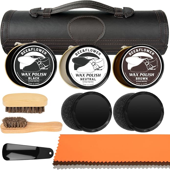 Shoe Polish Kit - Shoe Shine Kit | Leather Care Set with Horsehair Brush & Wooden Applicator | Portable Travel Case Included