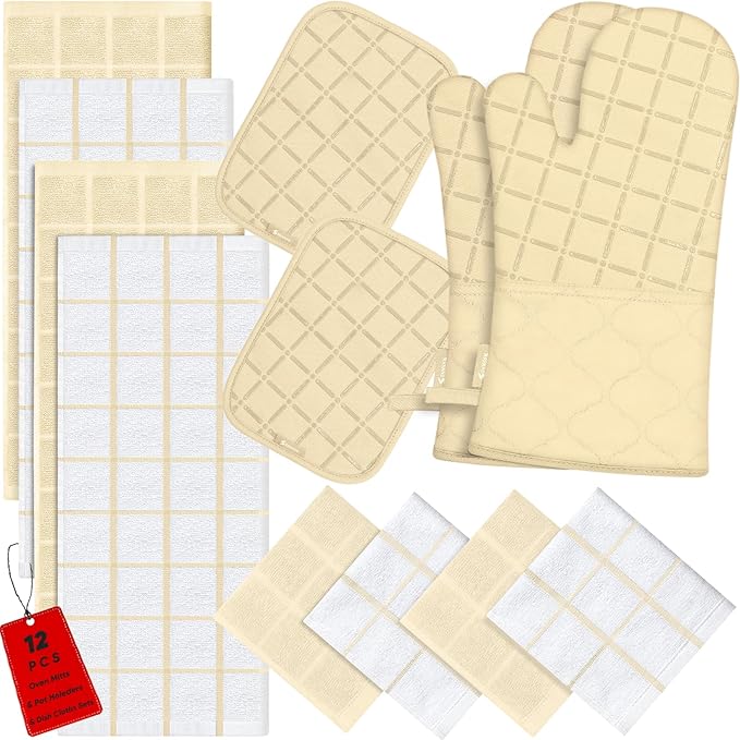 Oven Mitts Pot Holders Sets/Kitchen Towels and Dishcloths, Oven Gloves Kitchen Dish Towels 500 Degree Heat Resistant Potholders with Non-Slip Silicone Surface for Cooking, Grilling, Baking-Beige