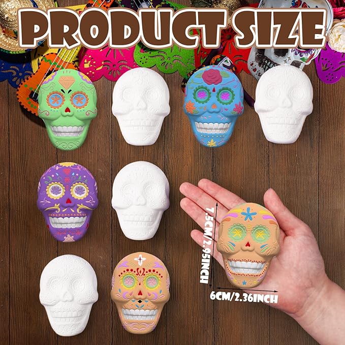 Simgoing 24 Sets Day of The Dead Sugar Skull Ceramic Painting Kit for Adults Dia De Los Muertos Decor Halloween Figurines Crafts Paint Your Own DIY Skull Figurines with 24 Magnet