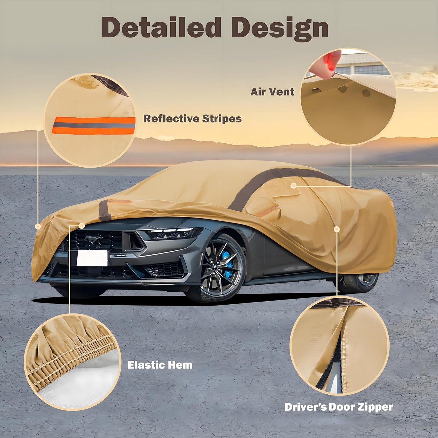 Mustang Car Cover Waterproof All Weather Compatible with Mustang 2007-2024 GT Cobra Shelby Bullitt, Outdoor Anti-UV Sun Rain Protection Full Exterior Cover (Camel with Brown)