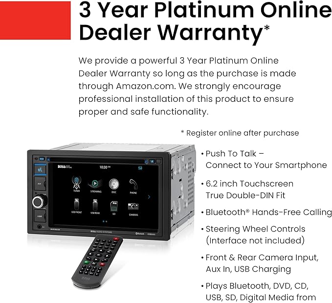 BOSS Audio Systems BV9364B Car Stereo DVD Player - Double Din, Bluetooth Audio/Hands-Free Calling, 6.2 Inch Touchscreen LCD Monitor, MP3 Player, CD, DVD, USB Port, SD, AUX Input, AM/FM Radio Receiver