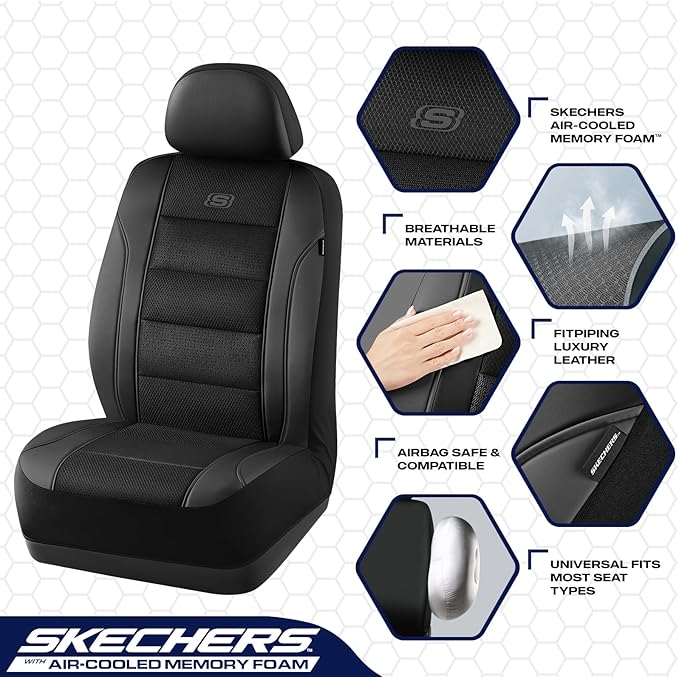 Skechers Aircooled & Memory Foam Seat Covers,Premium Leather with EVA Mesh Car Seat Covers,Seat Cover Full Sets,Airbag Compatible Automotive Comfort for Most Cars, Vans, Trucks, SUV,Black