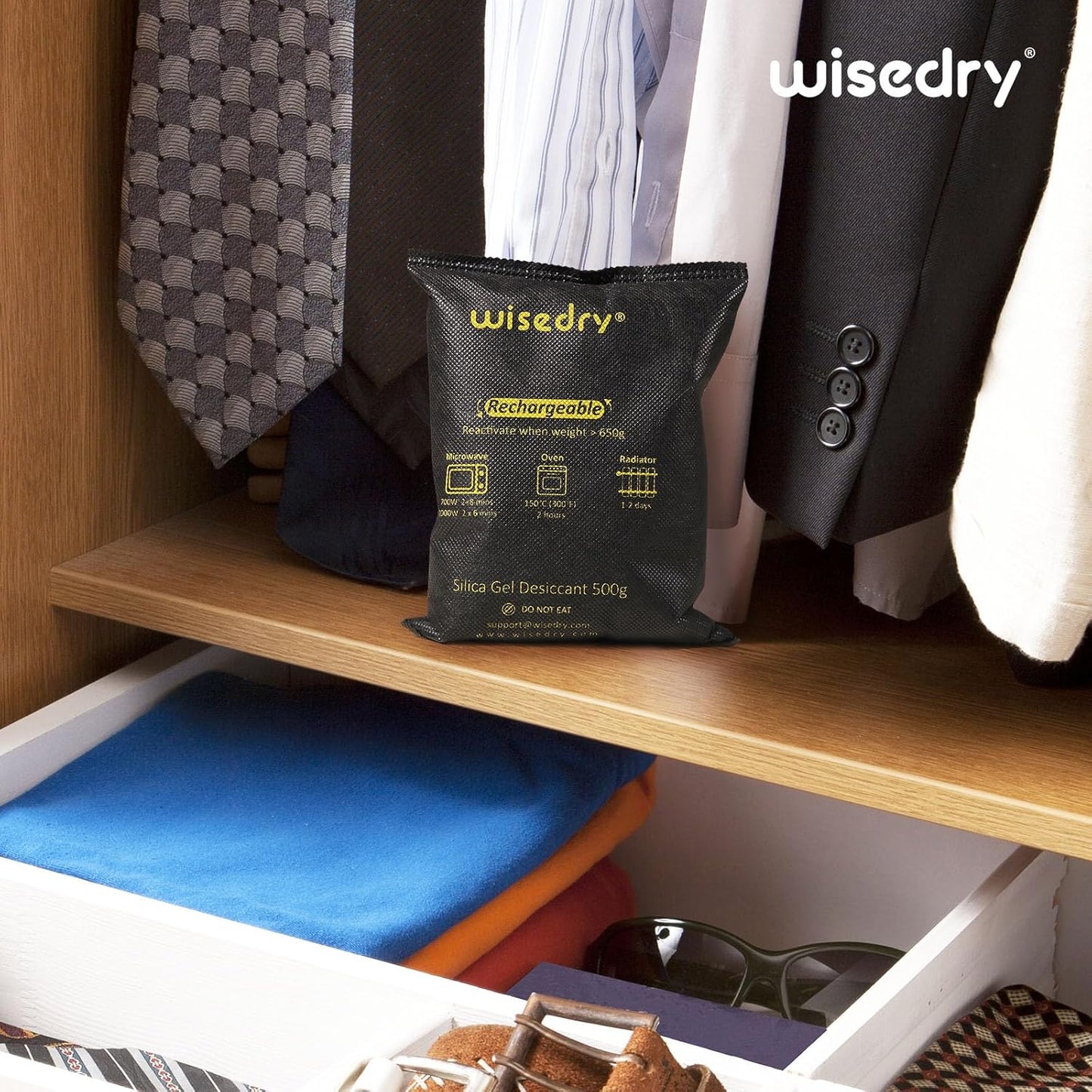 wisedry 2 x 500 Gram [2.2 lbs] Rechargeable Silica Gel Car Dehumidifier, Microwave Fast Reactivated Desiccant Packets Large for Gun Safe Closet Basement Garage Storage Moisture Absorber Bag Reusable