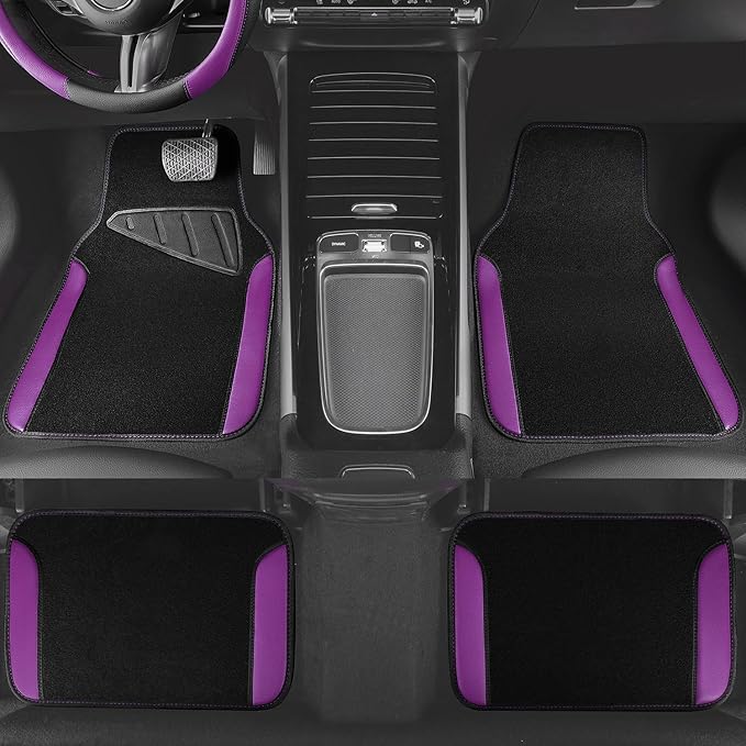 CAR PASS Faux Leather Steering Wheel Cover and Waterproof Car Floor Mats,Universal Car Combo Fit for 95% Sedan,SUV,Cars,14.5-15inch Sporty Anti-Slip Safety Comfortable Design(Black＆Purple)