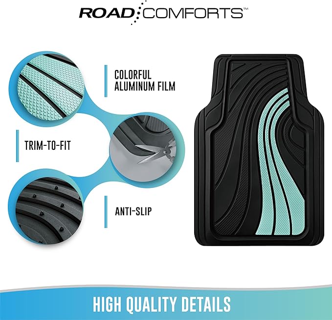 Road Comforts Car Floor Mats Full Set – Front & Rear Car Floor Mats with Aluminum Design, Anti-Slip Backing, All-Weather Protection, Trim-to-Fit Car Mats for Most Sedans, SUVs & Vans - Green