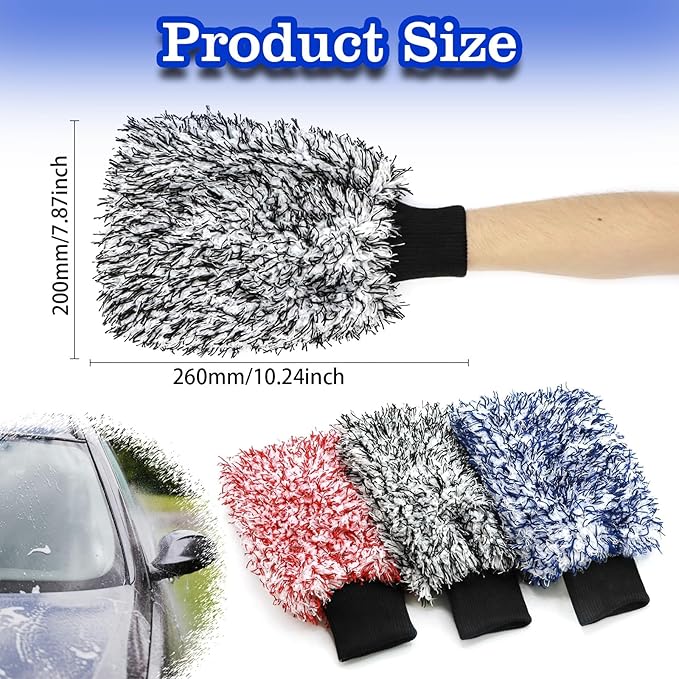 Microfiber Car Wash Mitt - 3 Pack Scratch Free Mitts with Blue, Red and Black, Machine Washable, Lint Free, 10 Inch X 8 Inch Glove