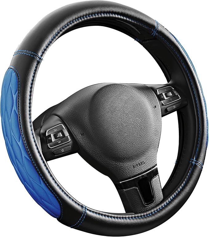 PIC AUTO Steering Wheel Cover, Blue Thick Rhombic Foam and Premium Leather, Universal 14.5-15.5 Inch Breathable Anti-Slip Steering Wheels Accessories for Men & Women