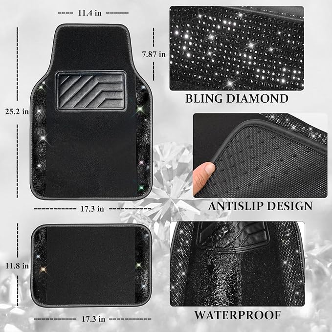 CAR PASS Bling Diamond Leather Steering Wheel Cover 14.5in-15in Floor Mats Shining Rhinestone Carpet Sparkly Glitter Crystal Anti-Slip Pad Fit Automotive SUV Pickup Truck Girl Women, 5pcs Black