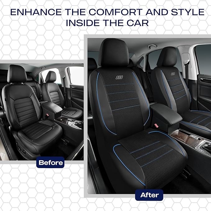 Skechers Air-Cooled Memory Foam Seat Covers,Mesh Thick Car Seat Covers,Piping Leather Car Seat Covers Front Seats,Airbag Compatible,Automotive Comfort Universal Fit Most Cars,Vans,Truck,SUV,Blue
