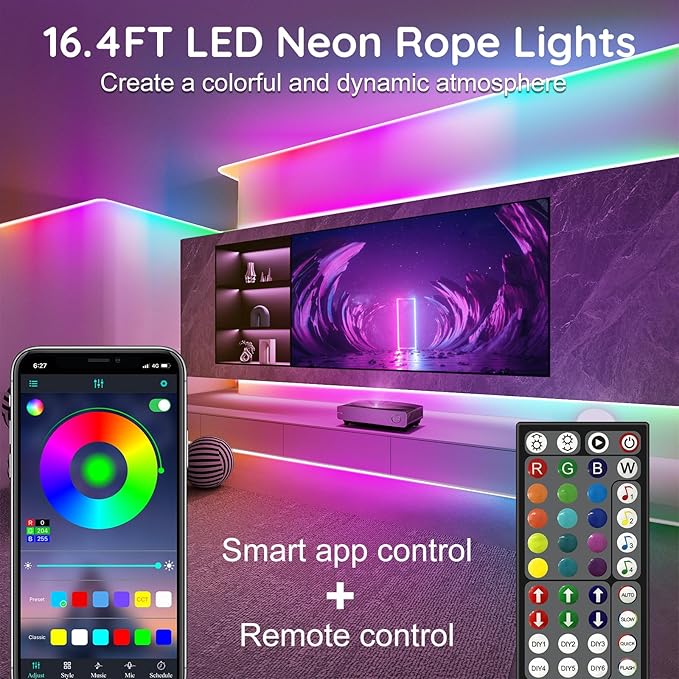 16.4Ft Neon Rope Lights,Flexible Led Rope Lights Control with App/Remote,Multiple Modes Music Sync Gaming RGB Led Neon Lights for Bedroom Outdoor