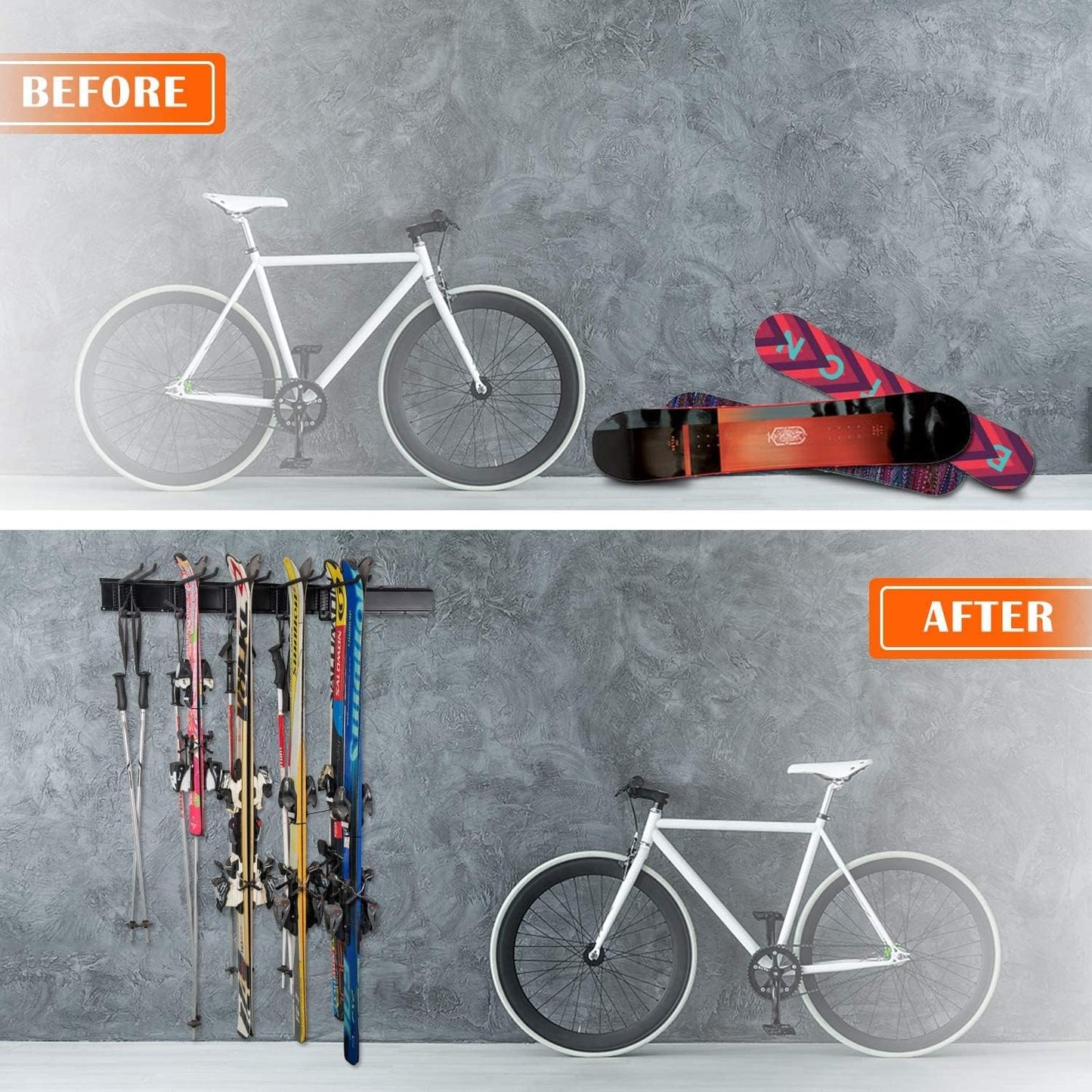 Ultrawall 24-Inch Wall Mounted Ski Rack, Holds Up to 300lbs, Powder-Coated Steel with Rubber Coating, Customizable Spacing, Easy Installation