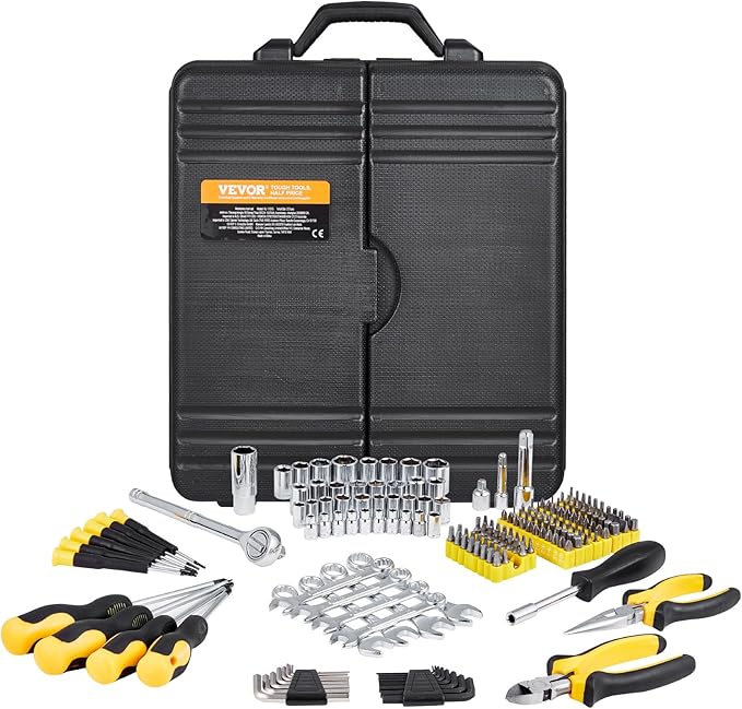 VEVOR Mechanics Tool Set 221Pieces - 1/4" and 3/8" Drive Sockets - SAE and Metric Mechanic Tool Kit with Bits - Wrenches, Ratchet Handle, Accessories, and Plastic Storage Case - for Automotive Repair