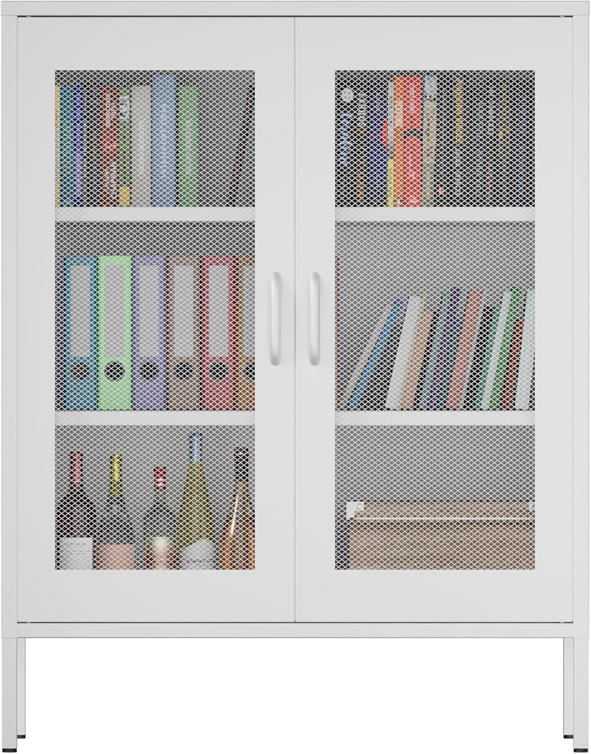 Metal Storage Cabinet with Mesh Doors,Steel Display Cabinet with Adjustable Shelves,Metal Office Storage Locker for Home Office,Garage(White mesh, 40''H)