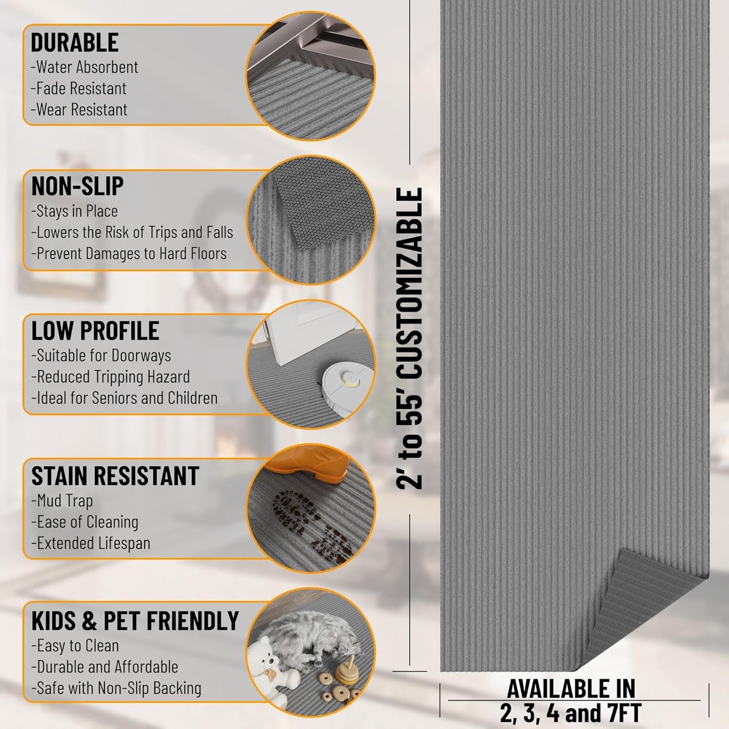 Ottomanson 6'6" x 3' Hallway Runner with Scraper Pile Extra Durable Non-Slip Rug Mat for Indoor & Outdoor Use - Ideal for Kitchen, Entryway, Patio & Garage - High-Traffic Carpet, Gray