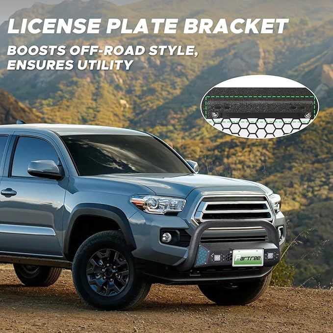 Bull Bar Fit for Toyota Tacoma 3rd gen 2016 2017 2018 2019 2020 2021 2022 2023 with LED Light & w/License Plate Bracket DIY Paintable Front Bumper Brush Push Bar Grille Guard Protector