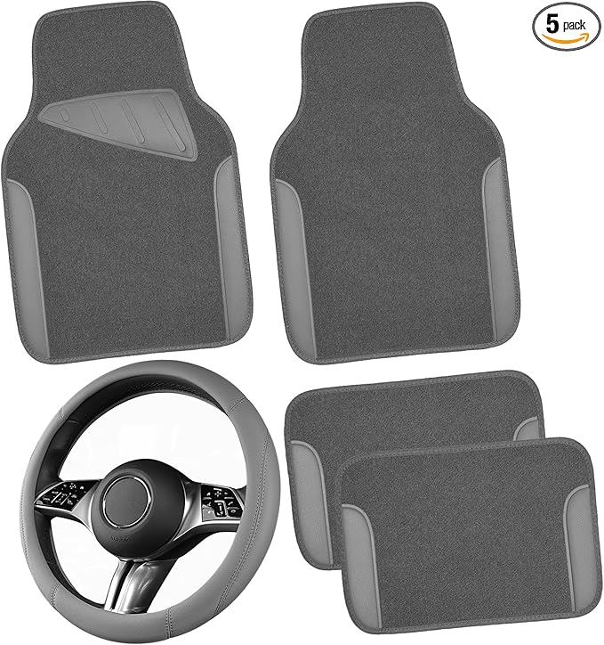 CAR PASS Microfiber Leather Steering Wheel Cover and Waterproof Car Floor Mats,Universal Car Combo Fit for 95% Sedan,SUV,Cars,14.5-15inch Anti-Slip Safety Comfortable Faux Leather Design(Solid Gray)