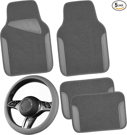 CAR PASS Microfiber Leather Steering Wheel Cover and Waterproof Car Floor Mats,Universal Car Combo Fit for 95% Sedan,SUV,Cars,14.5-15inch Anti-Slip Safety Comfortable Faux Leather Design(Solid Gray)