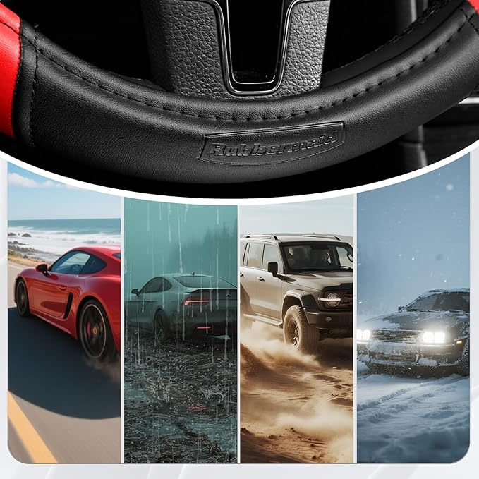 Rubbermaid Steering Wheel Cover – Universal Fit 14.5"–15" Steering Wheel Cover, Anti-Slip Grip, Breathable Leather, All-Season Protection, Interior Upgrade for Cars, Trucks, SUVs - Red