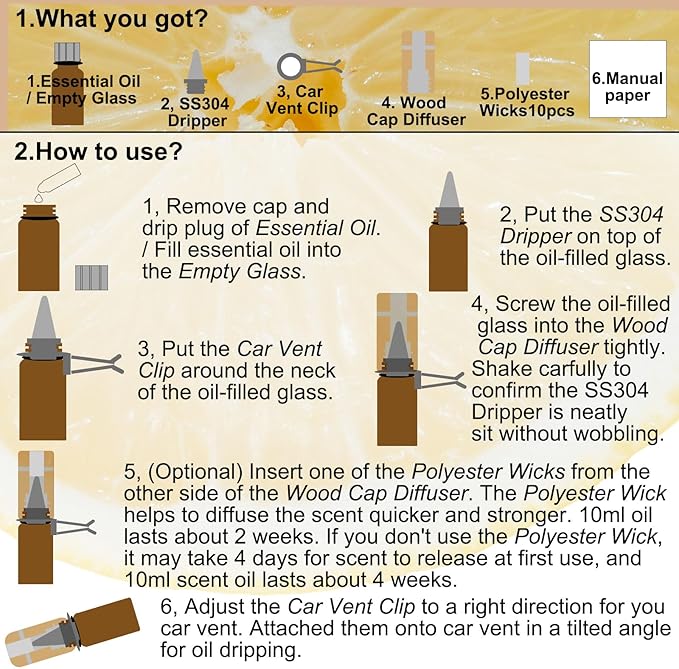 2-set Refillable Lemon Car Scent 60 Days’ Odor Fighting Non-toxic Strong Natural Fragrance, Vent Clip Wood Diffuser & Pure Essential Oils Auto Air Freshener (2x Beech Diffuser + 2x10ml Oil)