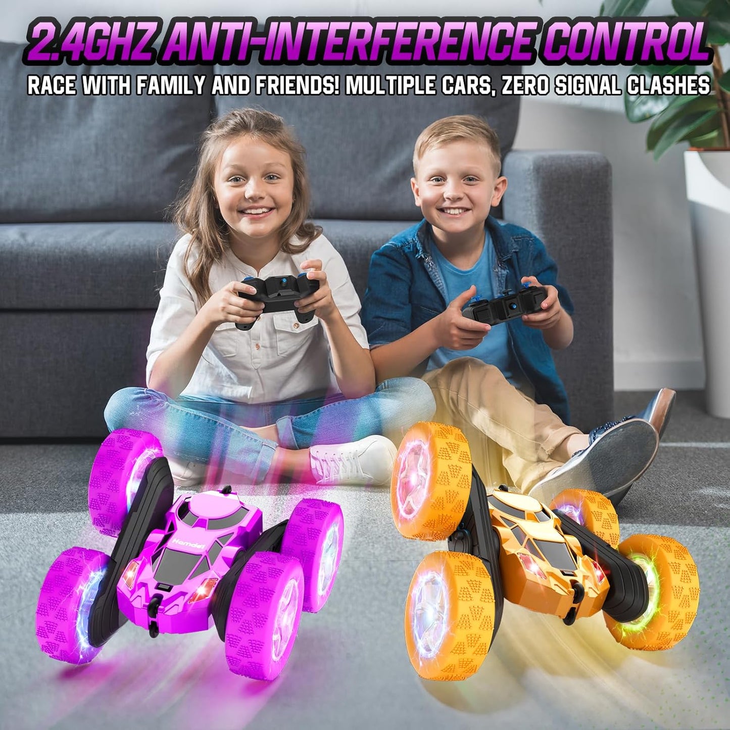 Remote Control Car for Kids Stunt RC Cars with Cool Wheel Lights Double-Sided Driving 360-degree Rotation Boys Toys for Ages 6 7 8 9 10-12 Kids Gift Ideal(Purple)