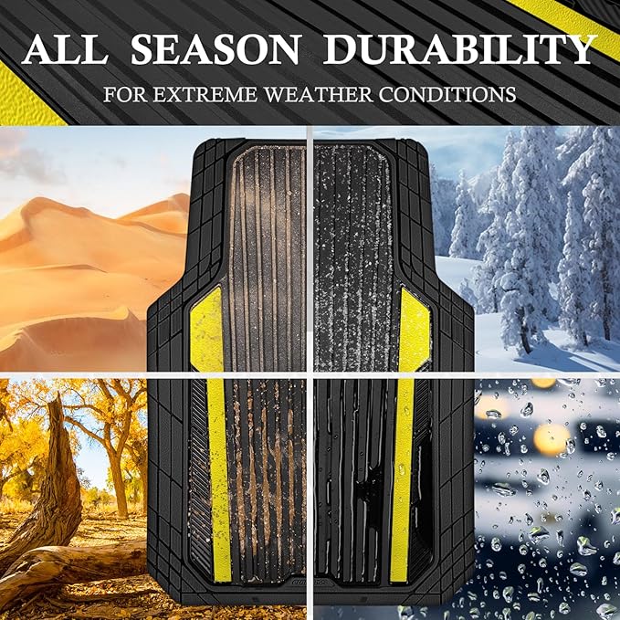 CAR PASS Yellow Car Mats Metallic, Aluminum Film All Weather Rubber Lemon Yellow car Floor Mats Waterproof Universal Trim to Fit SUV Sedan Van Truck 4 Piece Deep Dish Heavy Sporty Black Yellow Chrome