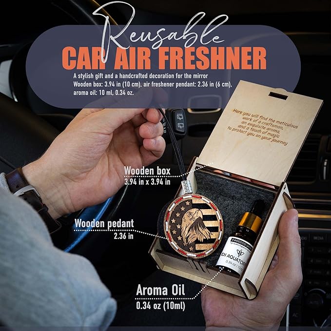 Wood Car Air Freshener — Handcrafted Air Freshener — American Flag Hanging Fragrance Oil Diffuser in Wooden Gift Box — Father’s Day Gift for Car with diAquatoria Fragrance Oil - 10 ml