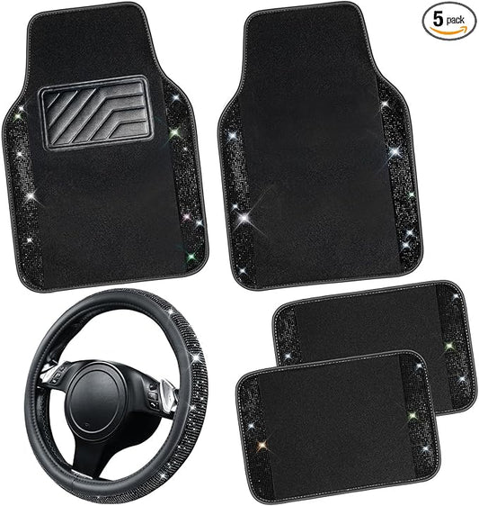 CAR PASS Bling Diamond Leather Steering Wheel Cover 14.5in-15in Floor Mats Shining Rhinestone Carpet Sparkly Glitter Crystal Anti-Slip Pad Fit Automotive SUV Pickup Truck Girl Women, 5pcs Black