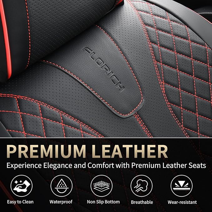 FLORICH Leather Seat Covers, Car Seat Covers Front Seats Back Seat Cover 5 Seats Automotive Seat Covers Leather Seat Covers for Cars Universal Fit for Most Cars SUV Trucks, Black&Red Line