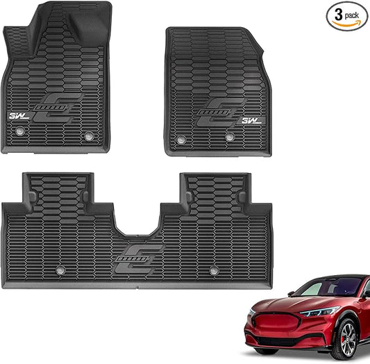3W Ford Mustang Mach E Floor Mats Fit for 2021 2022 2023 2024 2025 TPE All Weather Car Accessories Custom Fit Floor Liner 1st and 2nd Row Full Set Car Mats, Black