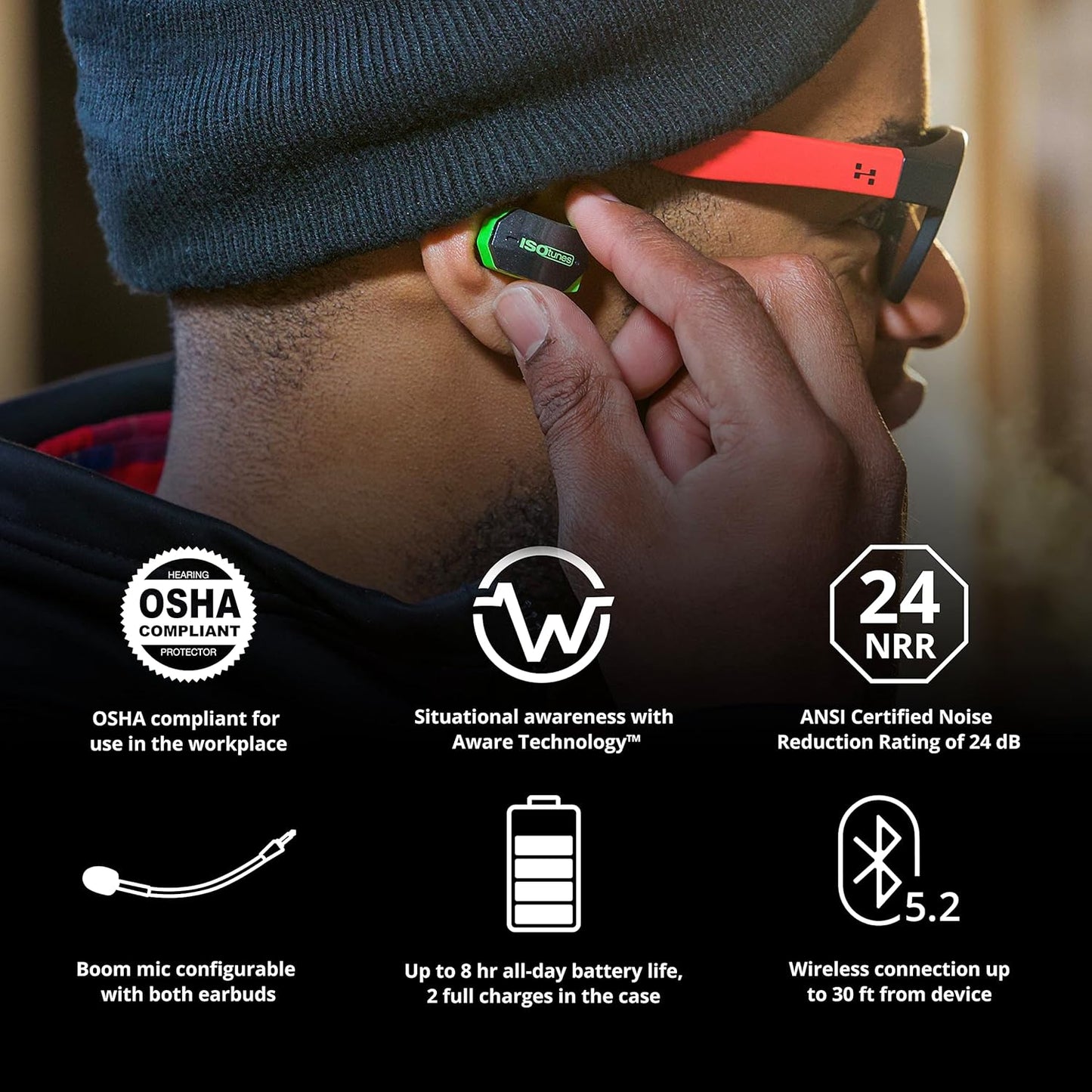 ISOtunes ULTRACOMM Aware Hearing Protection: True Wireless Bluetooth Hearing Protection with Detachable Boom Mic and Level Dependent Audio Passthrough